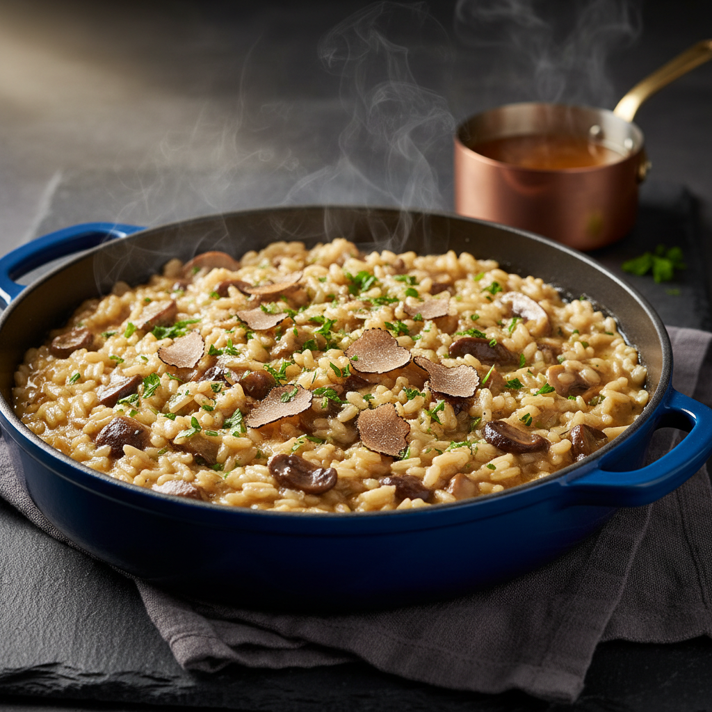 A dramatic, close-up image of a deep, enameled cast-iron pan filled with creamy mushroom and truffle risotto, each grain visible and glistening with butter, with finely chopped parsley and delicate truffle shavings on top. The pan rests on a dark, textured stone surface with a folded, charcoal linen cloth beneath, and a small copper saucepan of hot stock slightly out of focus behind it. Focused warm spotlighting from above and slightly behind creates a luxurious sheen, accentuating steam rising in soft wisps and casting rich shadows around the pan. Captured at a low, cinematic angle with shallow depth of field in realistic photographic style, the mood is indulgent and intimate, ideal for showcasing premium signature dishes in Casa De Falco’s catering menu.