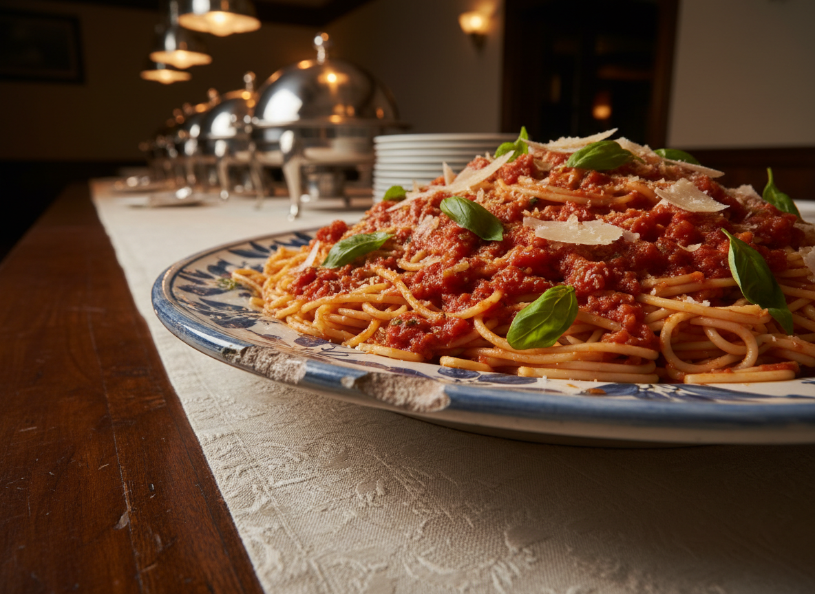 A richly detailed close-up of a hand-painted ceramic serving platter overflowing with al dente spaghetti coated in glossy, slow-simmered tomato sauce and garnished with freshly torn basil and shavings of aged Parmesan. The platter sits on an ivory tablecloth with a subtle jacquard pattern atop a heavy wooden banquet table, with blurred silver chafing dishes and stacked porcelain plates in the background. Warm pendant lighting from above casts a golden glow, creating inviting highlights on the sauce and cheese, while soft shadows enhance depth. Photographed at a low, side angle with a shallow depth of field in realistic style, the composition emphasizes the luxurious, comforting nature of traditional Italian catering prepared with heart.