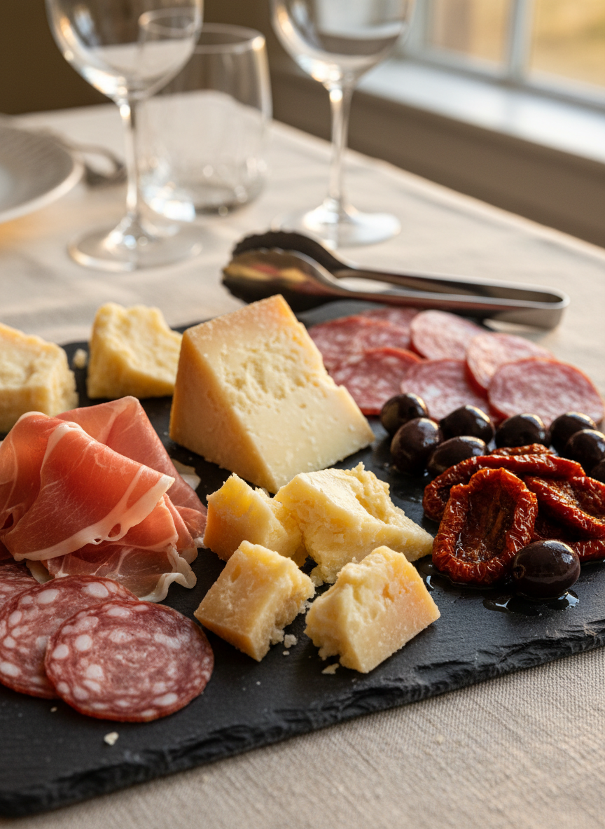 A close-up of an opulent Italian antipasto spread on a dark slate serving board: thinly sliced prosciutto with silky texture, marbled salami, wedges of aged Parmigiano-Reggiano with crystalline crumbles, glossy marinated olives, and sun-dried tomatoes glistening in olive oil. The board rests on a linen-draped table in a refined dining room, with blurred crystal glassware and polished silver serving tongs in the background. Soft golden-hour window light grazes across the ingredients, creating delicate highlights on cured meats and cheese rinds, and casting gentle shadows. Captured from a slightly elevated angle in photographic realism, the composition uses the rule of thirds, creating an atmosphere of understated luxury and authentic Italian indulgence.