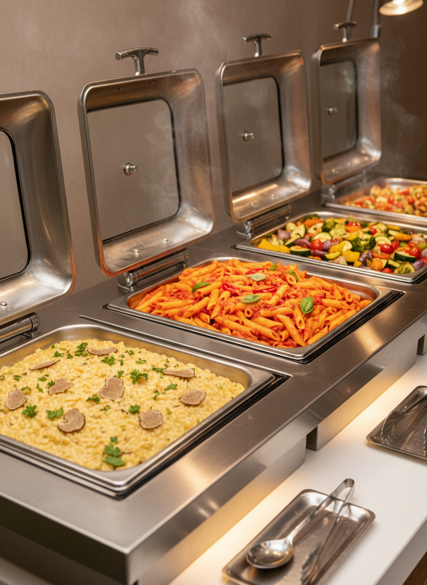 An immaculate stainless-steel catering warming station showcasing deep, gleaming pans of Italian specialties: creamy truffle risotto with visible shavings, penne all’arrabbiata in a vivid red sauce, and herb-roasted vegetables with charred edges. The station is set against a subtle, blurred backdrop of a high-end venue wall in soft taupe tones, emphasizing the food’s rich colors. Discreet under-counter LED lighting and warm overhead spotlights illuminate the steam rising gently from the pans, giving a sense of freshness and abundance. Shot from a three-quarter angle with sharp focus throughout, the composition highlights clean lines and meticulous arrangement, conveying a modern, sophisticated catering experience in realistic photographic style.