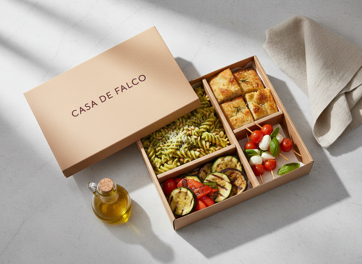A sophisticated overhead view of a meticulously packed Italian catering box: individual compartments hold fusilli tossed in basil pesto with visible pine nuts, grilled vegetables with char marks, mini caprese skewers, and a small compartment of artisan focaccia with a golden, dimpled crust. The box is crafted from matte, natural-colored cardboard with a minimalist Casa De Falco logo printed in deep burgundy on the lid set beside it. The set rests on a smooth, light stone countertop with a folded linen napkin and a small glass jar of olive oil nearby. Soft, natural window light from the side creates gentle shadows and reveals textures, captured in a clean, modern photographic style that conveys premium, thoughtful Italian catering for individual guests.