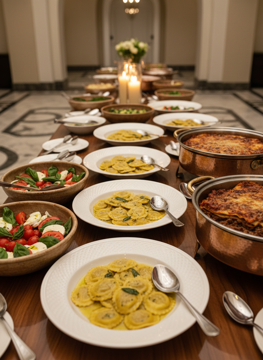 A long, polished walnut catering table elegantly arranged with an array of classic Italian dishes: gleaming white porcelain platters of handmade ravioli in sage butter, a burnished copper chafing dish of rich beef lasagna, and rustic stoneware bowls of vibrant caprese salad with glossy basil leaves. The table stands in a softly lit, neutral-toned event space with a hint of marble flooring and blurred architectural arches in the background. Warm, diffused overhead lighting creates gentle highlights on the olive oil sheen and metallic serving utensils. Photographed at eye level with a shallow depth of field, the focus rests sharply on the central dishes, exuding a sophisticated, photographic realism that feels luxurious yet inviting.
