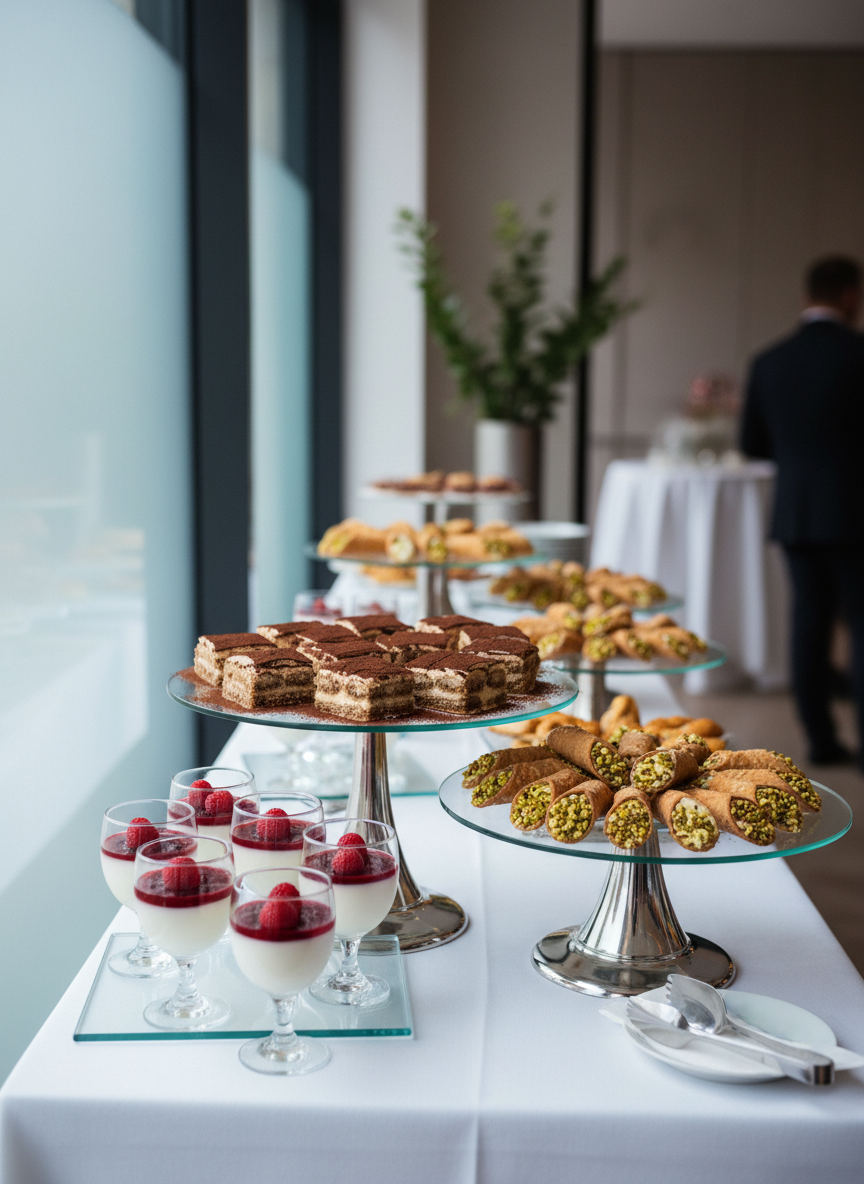 A refined dessert buffet featuring Italian classics arranged on tiered glass and chrome stands: glossy tiramisu squares dusted with fine cocoa, delicate panna cotta in clear glass cups with bright berry coulis, and golden cannoli filled with velvety ricotta and pistachio pieces. The table is covered in a crisp white linen beside a large, frosted glass window that diffuses cool, natural light, creating soft reflections on the glassware. Background elements include blurred hints of a contemporary event space with neutral decor. Captured from a slightly elevated, wide-angle perspective in photographic realism, the scene has a calm, luxurious mood, with subtle bokeh enhancing the elegance of the desserts and the precise, artful catering presentation.