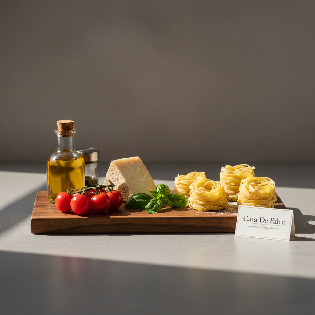 A minimalist yet luxurious still life of premium Italian ingredients arranged for a catering tasting: a dark wood board holding a small bottle of golden extra virgin olive oil, a cluster of vine-ripened cherry tomatoes, a wedge of pecorino with a textured rind, bright green basil leaves, and neatly coiled nests of fresh egg tagliatelle with a matte, flour-dusted surface. The setting is a smooth, light concrete countertop against a softly blurred, warm gray background. A single directional studio light from the left mimics afternoon sunlight, casting refined shadows and crisp highlights on glass and metal surfaces. Shot at eye level with balanced negative space and photographic realism, the mood is calm, sophisticated, and focused on quality ingredients that define Casa De Falco’s Italian catering artistry.