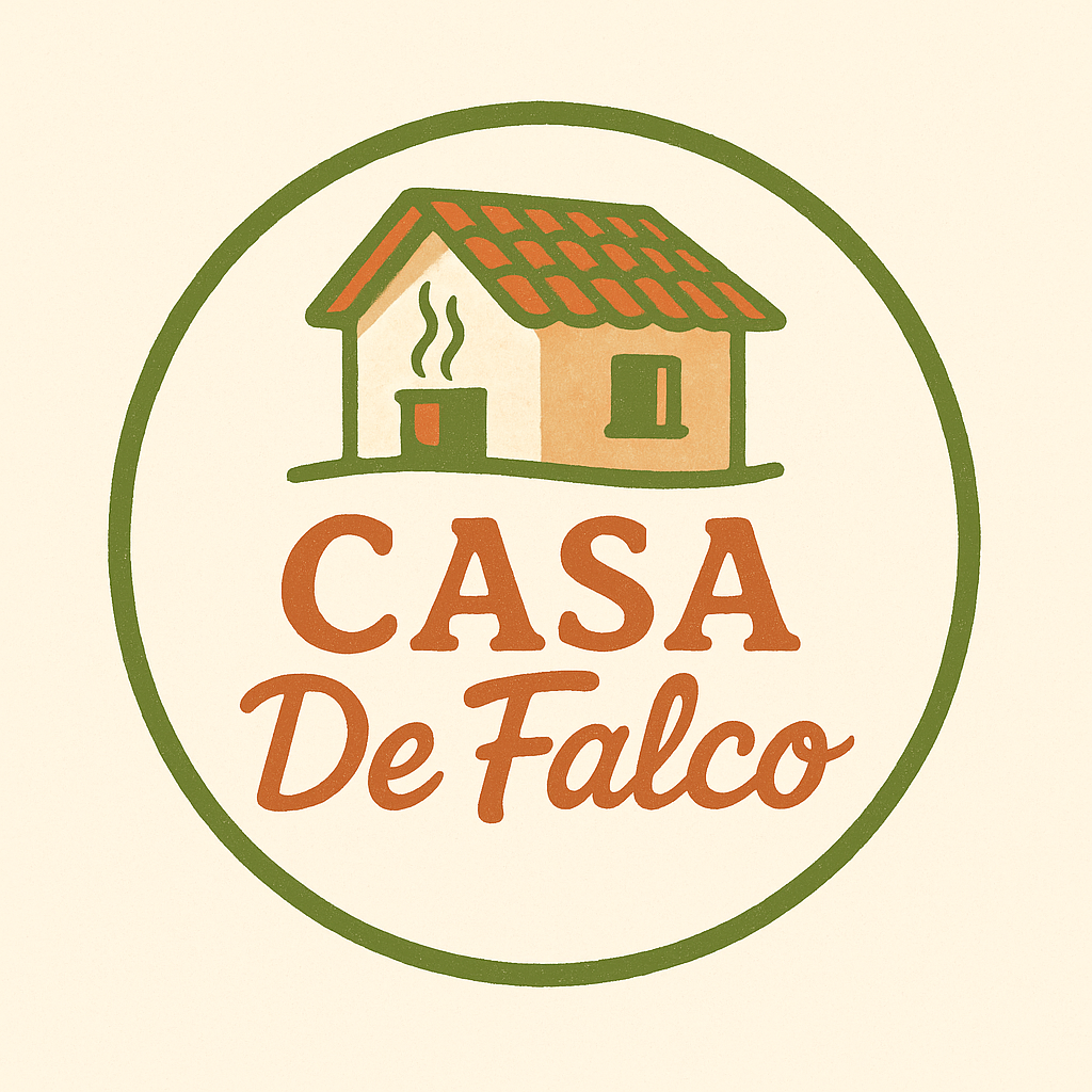 A logo for Casa De Falco, featuring a house and the text "Casa De Falco".